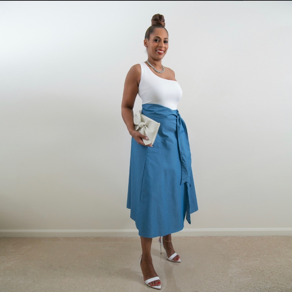 One Shoulder Midi Dress.. Top white bottom Denim with matching belt